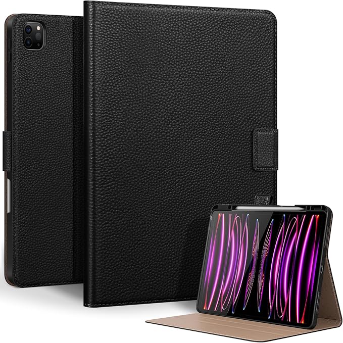 Genuine Leather Case for iPad Pro 13 inch (M5/M4) 2025/2024 with Pencil Holder | Slim Protective Cover with Adjustable Stand,Magnetic Closure,Auto Wake/Sleep, Premium Leather | Black