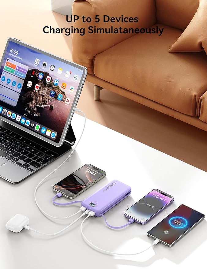 10000mAh Ultra-Portable-Charger-Power-Bank with Built in Cables&AC Wall Plug, PD20W USB-C Fast Charging Cell Phone Charger Battery Pack,LED Display Travel Battery Bank for All iPhone,Samsung,Android