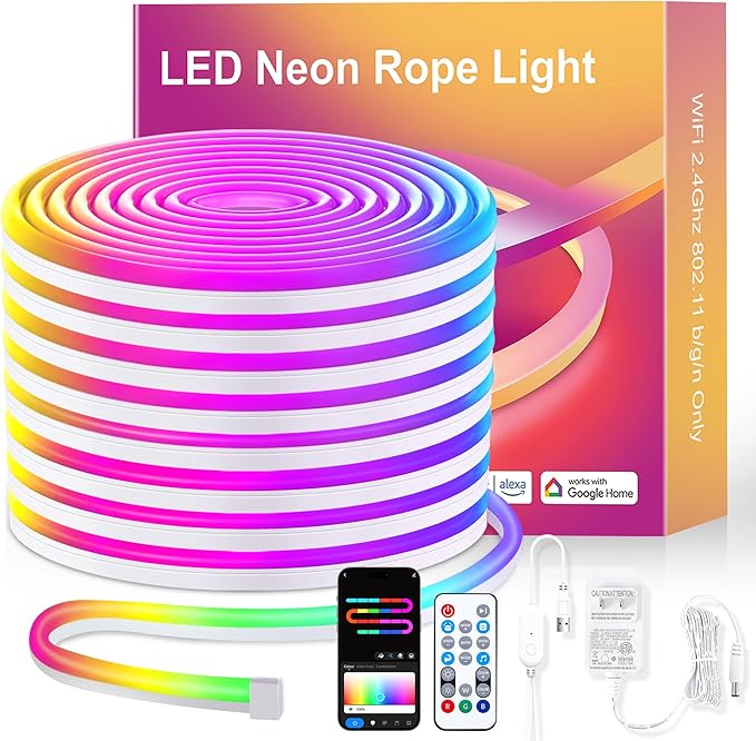 Neon Rope Lights, 16.4ft Smart RGB+IC LED Strip Lights with App & Remote Control, IP67 Waterproof Flexible Neon String Lights for Bedroom, Music Sync, DIY Multiple Modes for Wall Gaming Christmas Home