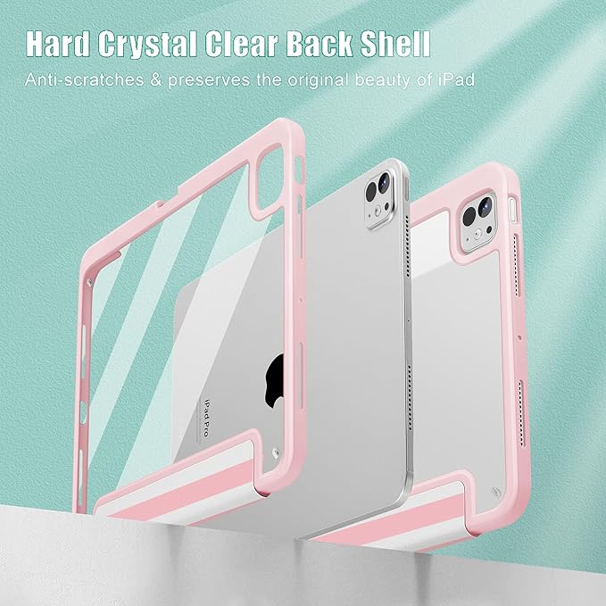 May Chen Case for iPad Pro 11-Inch M5/M4 2025/2024 (6th/5th Generation), [Penceil Holder] Trifold Stand Auto Wake/Sleep Clear TPU Protection Back Cover, Pink Stripes