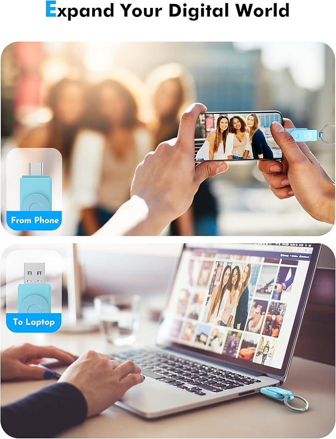 MOSDART 256GB USB C 3.2 Fast Speed C and A Dual Flash Drive, exFAT Memory Stick with Keychain and LED Indicator, for iPhone 15,16,17, Android Phone, iPad, MacBook, and Other Laptops, Sky Blue
