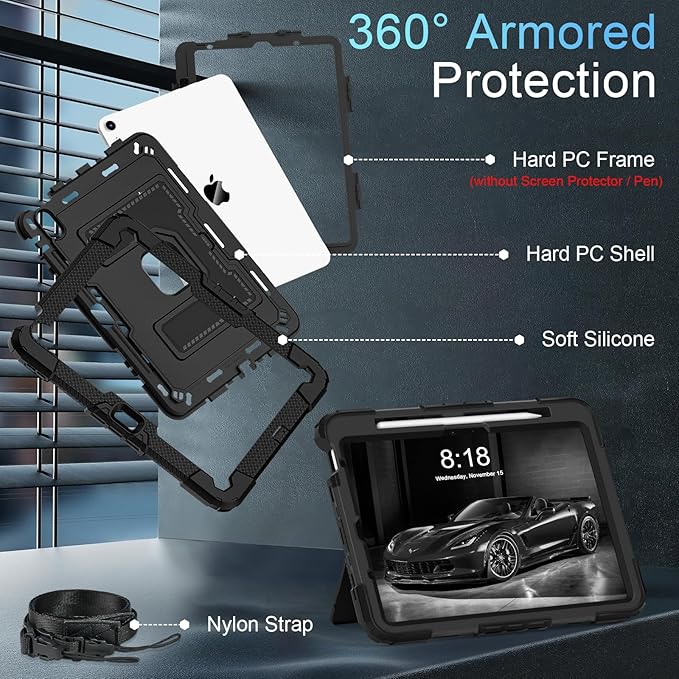 for iPad Air 11 Inch M4/M3 (2026/2025) / M2 (2024) iPad Air 5th (2022) / 4th Generation (2020) 10.9 Inch,Military Grade Shockproof iPad Case Air 11 Inch with Pencil Holder, Black