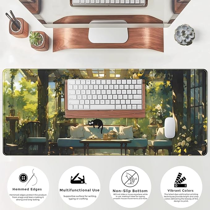 Cute Cat Desk Mat Green Plants Aesthetic Desk Pad Anime Kawaii Gaming Mouse Pad Large Mousepad Extended XL Laptop Keyboard Mouse Mat 31.5"x11.8" with Stitched Edges Non-Slip Rubber Base