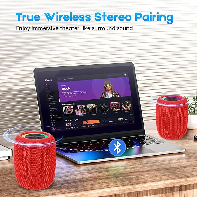 Portable Bluetooth Speaker, BT5.3 Wireless Speaker 20W Bass Diaphragms with Multi LED Light Dynamic Modes, IPX6 Waterproof 16H Playtime supports FM Mode, TF, USB for Home, Cycling, Outdoor, Beach