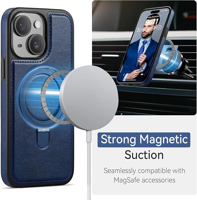 for iPhone 14 Plus Case with Stand Compatible with Magsafe Slim PU Leather & Durable TPU Drop Proof Magnetic Kickstand Protective Cover with Tempered Glass Screen Protector 6.7", Blue