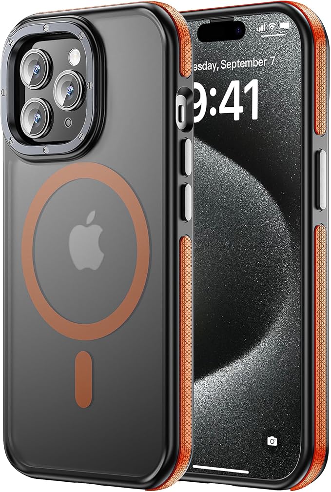 Tigowos for iPhone 15 Pro Phone Case Fits MagSafe 10FT Drop Resistant Matte Skin Feeling Back Cover for iPhone 15 Pro Case，Bumper Orange