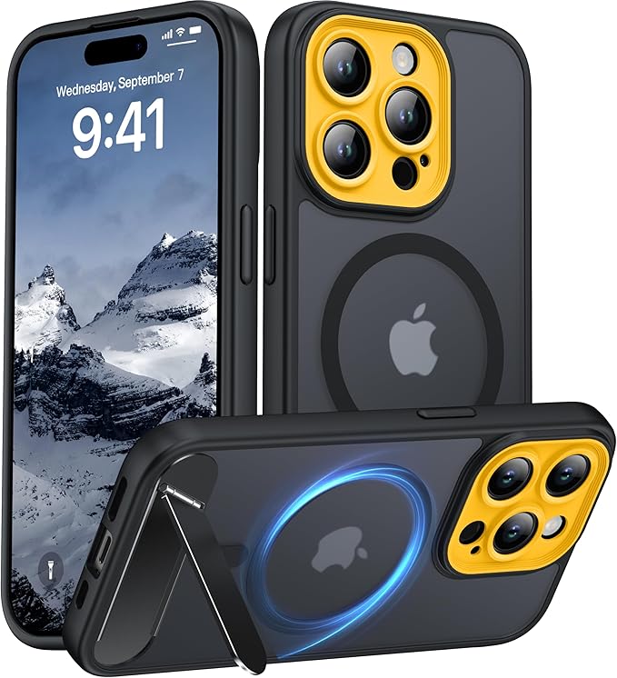 Magnetic Compatible with iPhone 15 Pro Case, [Built-in Kickstand][Full Camera Protection][Compatible with MagSafe][Anti-Fingerprint] Shockproof Phone Case for iPhone 15 Pro 6.1",Black & Yellow
