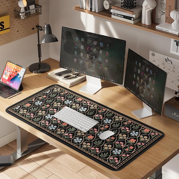 iCasso Floral Desk Pad Mat, Large Mouse Pad, Desk Matt for Desktop, Anti-Slip XXL Big Mousepad with Stitched Edges for Computer Keyboard (Black Moroccan)