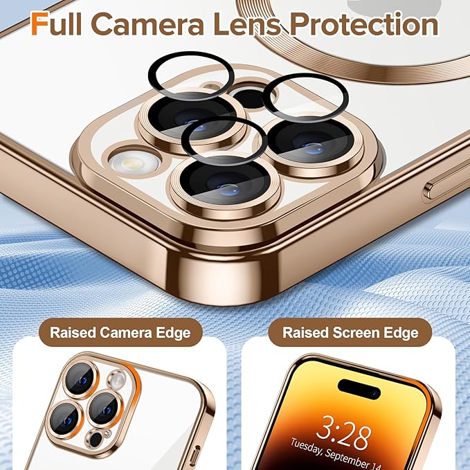 Hython Magnetic Clear for iPhone 14 Pro Max Case with Camera Lens Protector [Compatible with MagSafe] Plating Edge Slim Soft TPU Cover Protective Phone Case for iPhone 14 Pro Max 6.7", Desert Brown