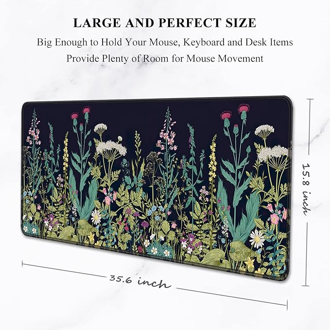 Auhoahsil Desk Pad, XXL Large Mouse Pad, Extended Gaming Mousepad, Cute Desk Mat for Women, Big Office Accessories Mouse Pad for Computer Keyboard and Laptop, 35.6" x 15.7", Black Wildflower Night