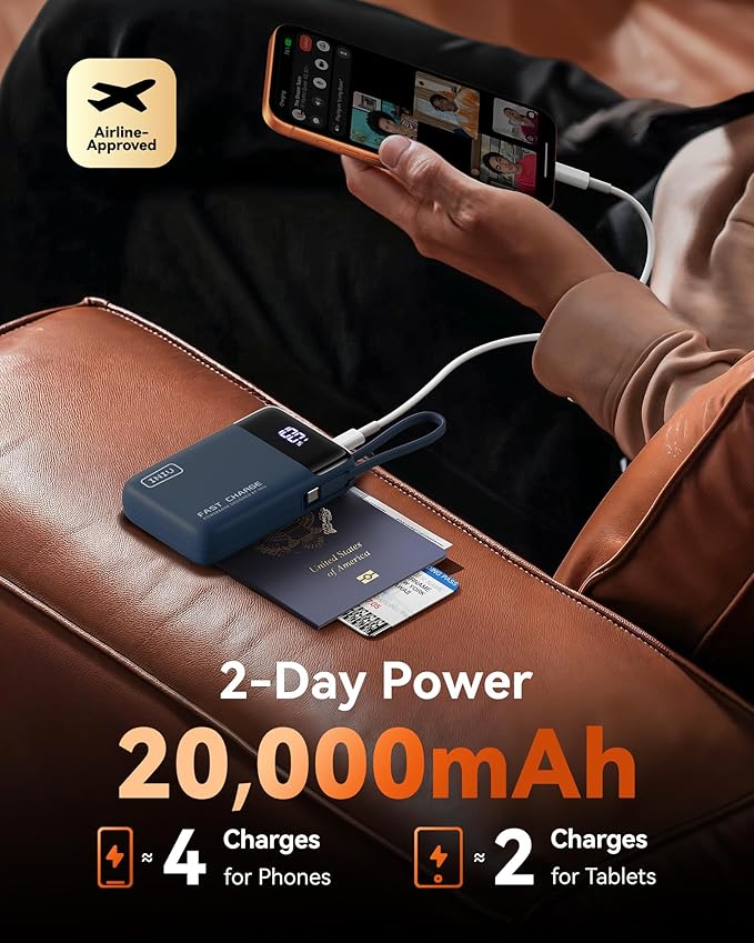 INIU 20000mAh Power Bank, Smaller 45W PD Fast Charging Portable Charger, Battery Pack with Build in USB C Cable, Travel Phone Flight-Safe Powerbank for iPhone 17 16 Samsung S26 Google iPad, Blue