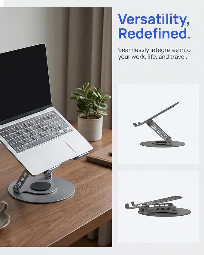 Compatible 360° Rotating Adjustable Laptop Stand, Fully Foldable Dual Rotary Shaft Laptop Riser Portable Standing Desk, Fits MacBook & All 10-15 Inch Laptops - Grey