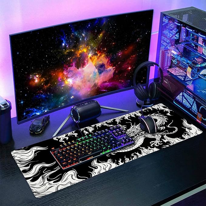 Japanese Dragon Mouse Pad XL Black White Aesthetic Anime Extended Desk Mat 80X30 cm Non-Slip Rubber Base Stitched Edge Large XL Mousepad for Desk Gaming Laptop Desktop,31.5×11.8 Inch