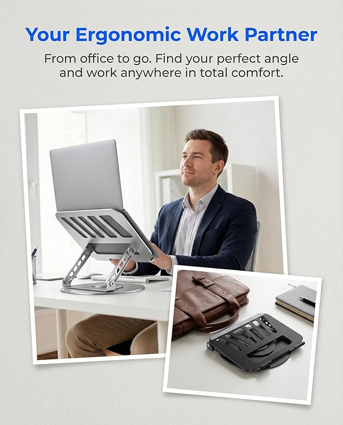 Compatible 360° Rotating Adjustable Laptop Stand, Fully Foldable Dual Rotary Shaft Laptop Riser Portable Standing Desk, Fits MacBook & All 10-15 Inch Laptops - Grey