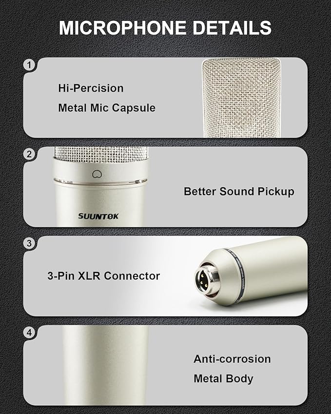SUUNTOK XLR Microphone, Professional Condenser Microphone with 34mm Large Diaphragm, Cardioid Studio Recording Mic Computer Gaming PC TM87KB Mic Kit for Singing, Podcasting, YouTube (Silver)