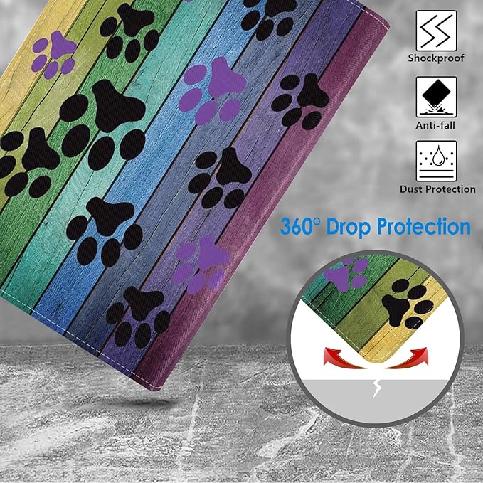 WEUIUJKILO Case for iPad (A16) 11th Generation 11 Inch 2025, iPad 10th Generation 10.9 Inch 2022, Slim PU Leather Folding Stand Smart Cover with Auto Sleep/Wake, Dog Paw Prints on Wood Pattem