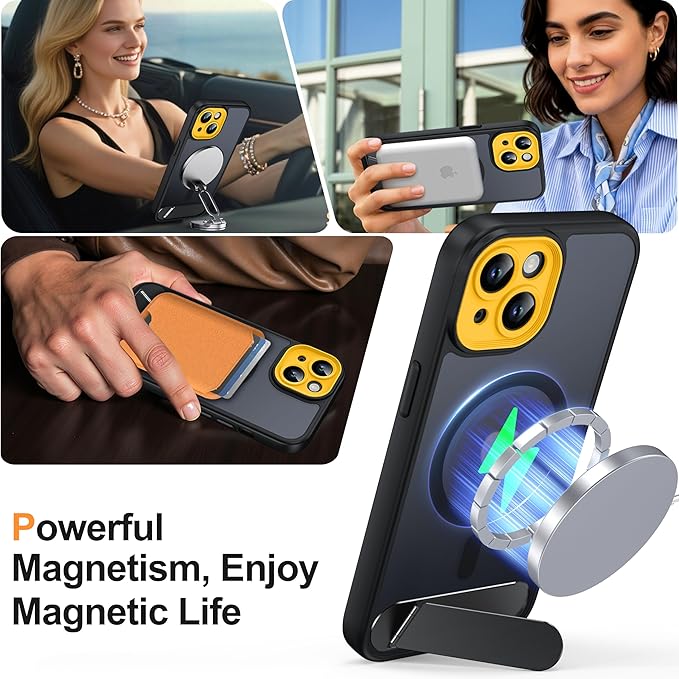 Magnetic Compatible with iPhone 15 Case, [Built-in Invisible Kickstand][Compatible with MagSafe][Full Camera Protection] Translucent Matte Phone Case for iPhone 15 6.1"