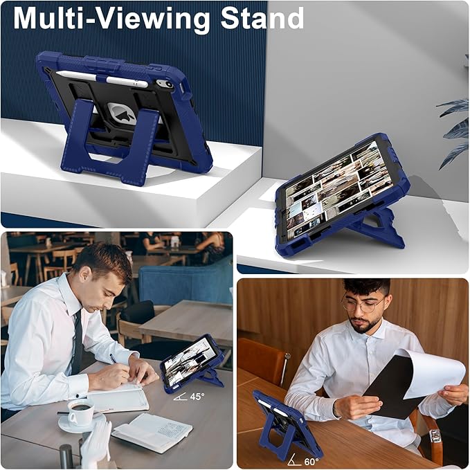 Kids Friendly Case for iPad A16 11th Generation 11 Inch 2025 / iPad 10th Generation 10.9" 2022 Case with Pencil Holder & Shoulder Strap, Hybrid iPad 11 10 Cover Rugged Shockproof Kickstand,Blue+Black