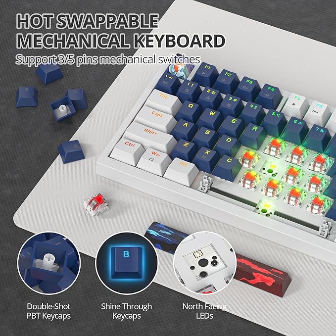 75% Mechanical Gaming Keyboard, Hot Swappable RGB Backlit Custom Keyboard with Knob, Gasket Mount USB Wired, 82 Keys White Blue Linear Red Switch (82 White Blue)