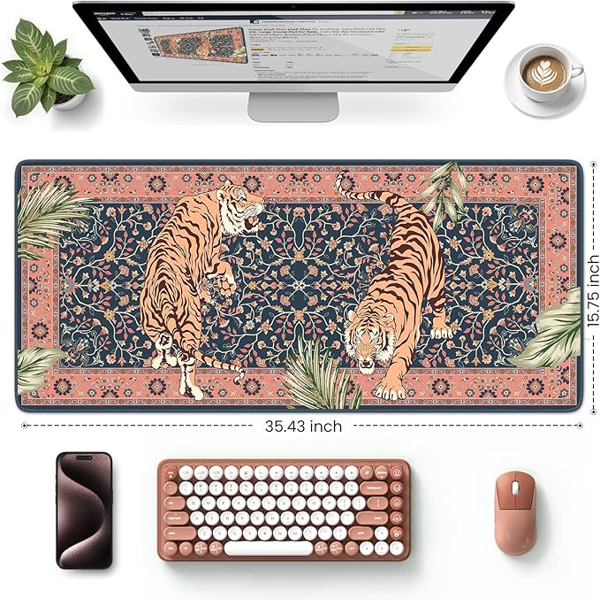 HAOCOO Large Gaming Desk Mat, Non-Slip Desktop Pad, Keyboard Pad with Stitched Edges, 35.4" x 15.7" Mouse Mat, Water Resistant Mousepad for for Laptop & PC(Pink)