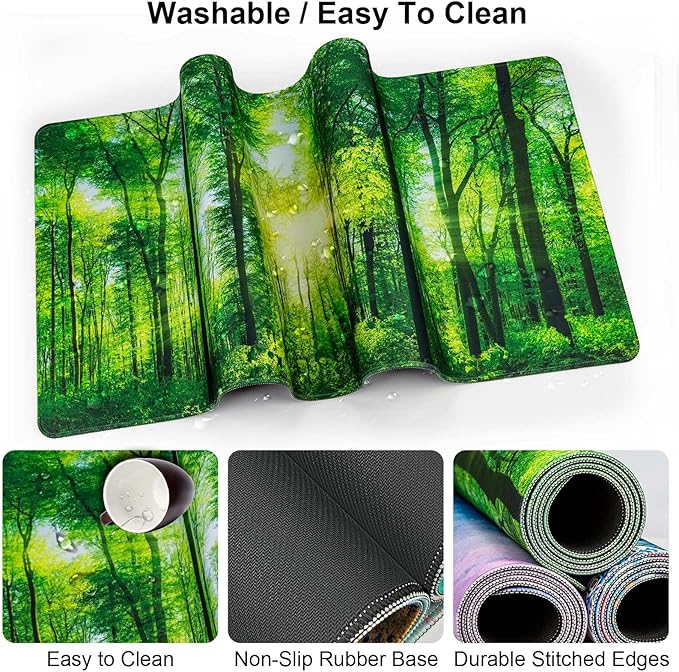Keyboard Wrist Rest + Mouse Pad with Wrist Support + Desk Mat + Coaster 4 in 1 Set, XXL Large Gaming Mousepad Cute Ergonomic Mouse Pads for Desk Computer Laptop Office Decor-Sunlight Forest