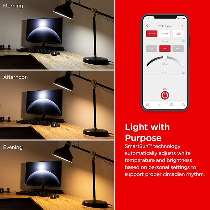 UltraPro Wi-Fi LED Smart Light Bulb, A19, 60W Equivalent, White Select Tunable 2700K - 6500K, Full-Range Dimmability, 2.4GHz Router Required, Circadian Rhythm, Easy-to-Use App, 4 Pack, 51453