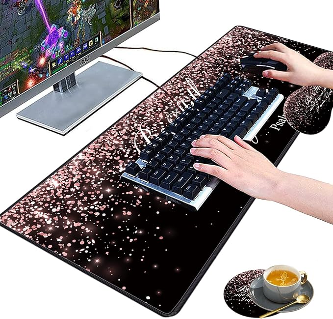 3 Piece Mouse Pad Set with Stitched Edge Large Anti-Slip Mouse Pad Desk Pad Keyboard Pad + Wrist Rest Pad + Coaster, Memory Foam Wrist Rest for Office/Home - Rose Gold Glitter Black Psalm46:10
