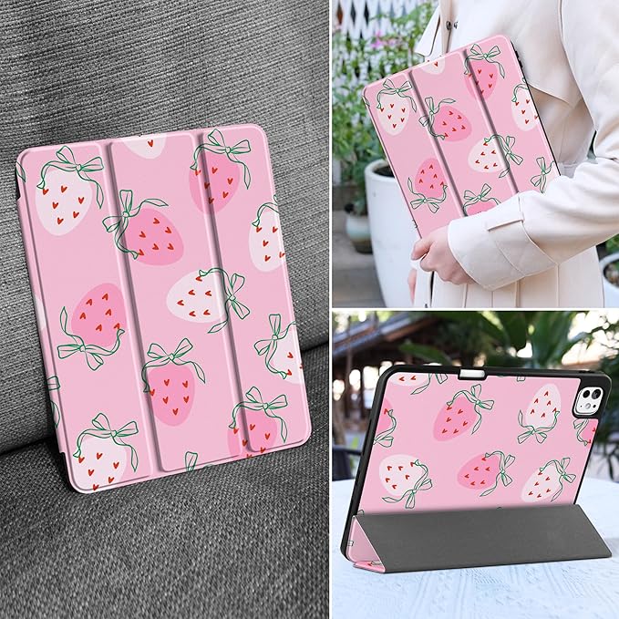 MEEgoodo Case for M5 iPad Pro 11 inch 2025/M4 iPad Pro 11 inch Case 2024, Tablet Cover with Trifold Stand & Pencil Holder & Auto Wake/Sleep & Soft TPU Back Cover, Strawberry & Bow