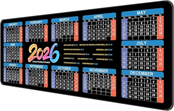 Thin Extended Gaming Mouse Pad （31.5 * 11.8 * 0.08 inch） with Stitched Edges Large Mousepad Long XXL Keyboard and Mouse pad Desk Mat for Gaming Office & Home - 2026 Calendar Holiday Schedule