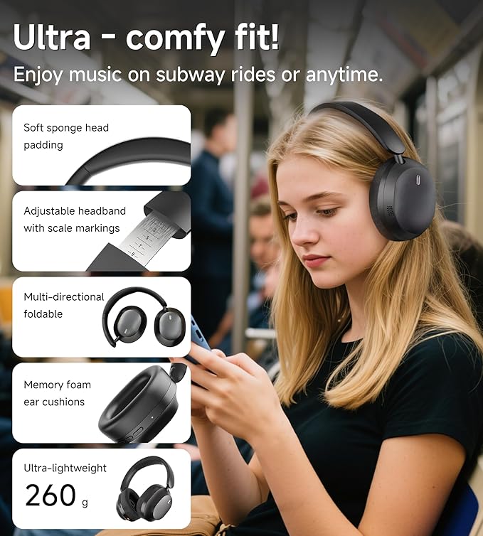 King Lucky B900 Hybrid Active Noise Cancelling Headphones, Wireless Over Ear Headphones, Bluetooth 5.4, Hi-Res Audio, Deep Bass, Comfortable Fit, with Mic, for Commuting, Travel, Home, Work, Black