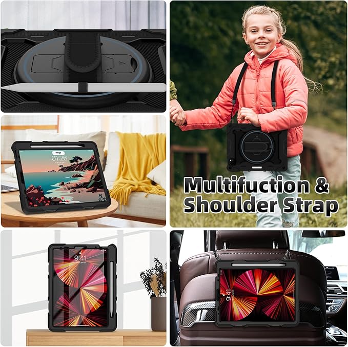 for iPad Pro 11 Case 4th 3rd 2nd 1st Gen (2022 2021 2020 2018) with Screen Protector,iPad Air 5th 4th Generation 10.9 inch Case for Kids with 360 Stand Hand/Shoulder Strap