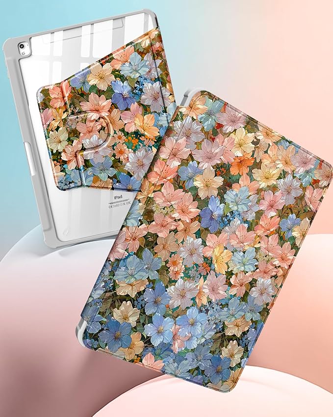 Uppuppy for iPad 9th/8th/7th Generation Case for iPad Air 3rd/ Pro 10.5” Case - 360 Rotating Stand Folio Smart Cover with Pencil Holder for Women, Beautiful Flower for Apple Tablet 7/8/9 Gen 10.2”