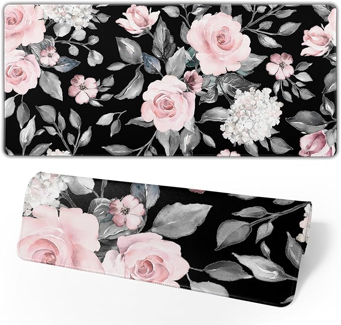 Floral Extended Gaming Mouse Pad Non-Slip Rubber Base Black Large Mousepad 35.4×15.7in with Stitched Edge Waterproof Pink Peony Flowers Pads Computer Black Desk Laptop Mats for Work Game/Office Home