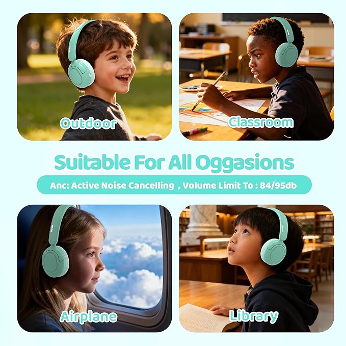 MIDOLA Kids Bluetooth Headphones Active Noise Cancelling Lightweight Wireless Headphone for Kid Volume Limited 85/94dB Foldable Over-Ear Headset with Mic,68 Hours Playtime,for Toddler Child Green