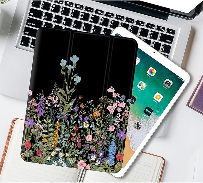 for iPad Air 11 Inch Case M4/M3/M2 2026, for iPads Air 5Th/4Th Gen Cases,for iPad Pro 11 Inch Case 4Th/3Rd/2Nd/1St Generation Slim Pencil Holder 2 Viewing Stand Typing Stand, Black Flower