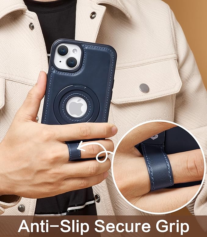 Butaiga for iPhone 15 Leather Case with Stand, Anti-Slip Grip Ring, Fits for MagSafe (Blue, iPhone 15)