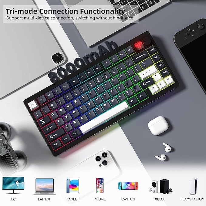 Womier 75% Wireless Mechanical Gaming Keyboard with Knob & Display, Bluetooth 5.0/2.4GHz/USB C Thocky Creamy Keyboard for PC Computer, 8000mAh Battery Hot Swappable Key Board for Win/Mac (MT75-Grey)