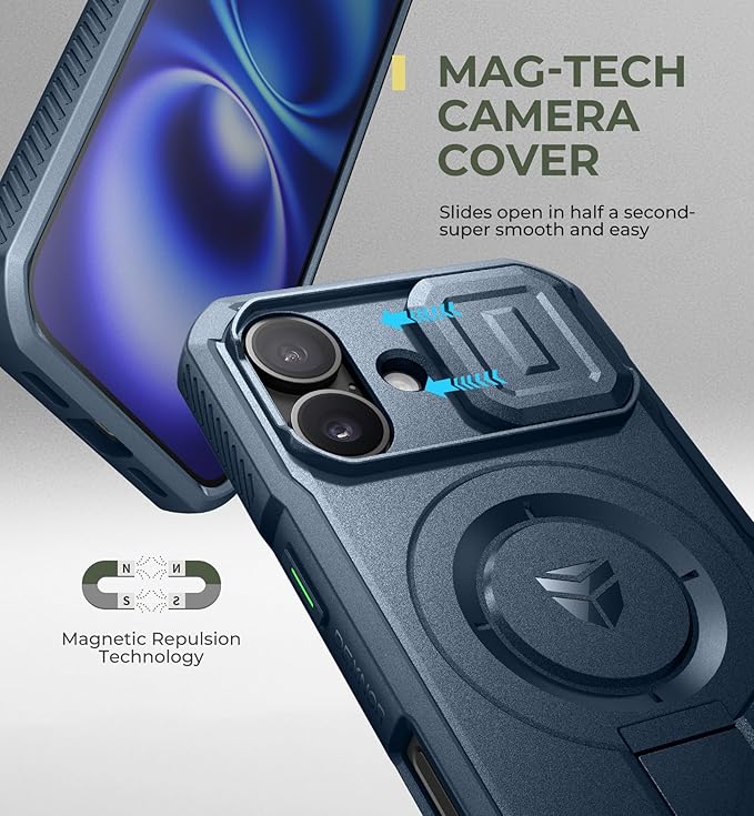 Dexnor for iPhone 16 Case with Slide Camera Cover & Adjustable Kickstand, Rugged Shockproof Bumper Cases Heavy-Duty Magnetic Protective Cover,Navy Blue
