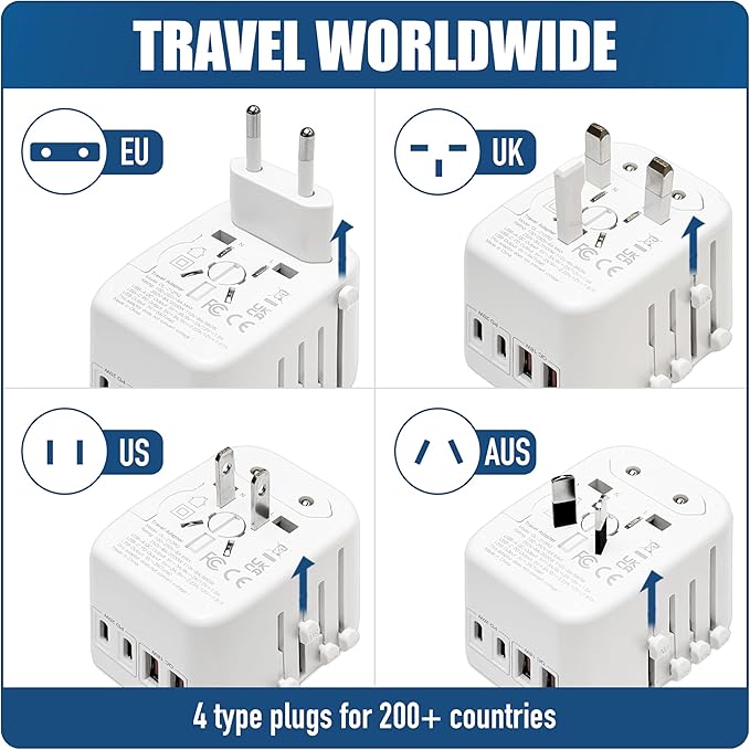 Cruise On Universal Travel Adapter, Cruise Approved (incl Royal Caribbean, Disney, MSC) - International Power Adapter [2 USB-C, 2 USB, AC] World Travel Plug Adapter Converter USA, Italy, Europe, Asia