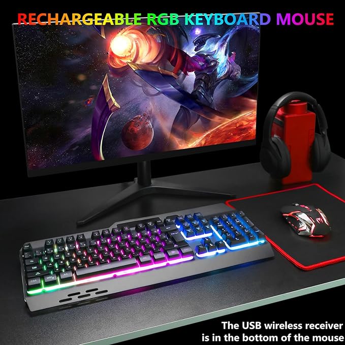 Wireless RGB Gaming Keyboard and Mouse - Rechargeable Backlit,Long Battery Life,Metal Panel Mechanical Feel with Palm Rest,7 Color Gaming Mouse and Mouse Pad for Game and Work