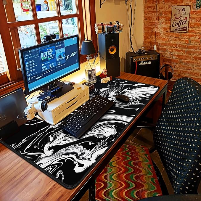 Large Extended Gaming Mouse Pad with Stitched Edges, 47.3 X 23.6 in Desk Pad Durable Non-Slip Natural Rubber Base, Waterproof Computer Keyboard Mat for Esports Pros, Gamer, Desktop, Black White