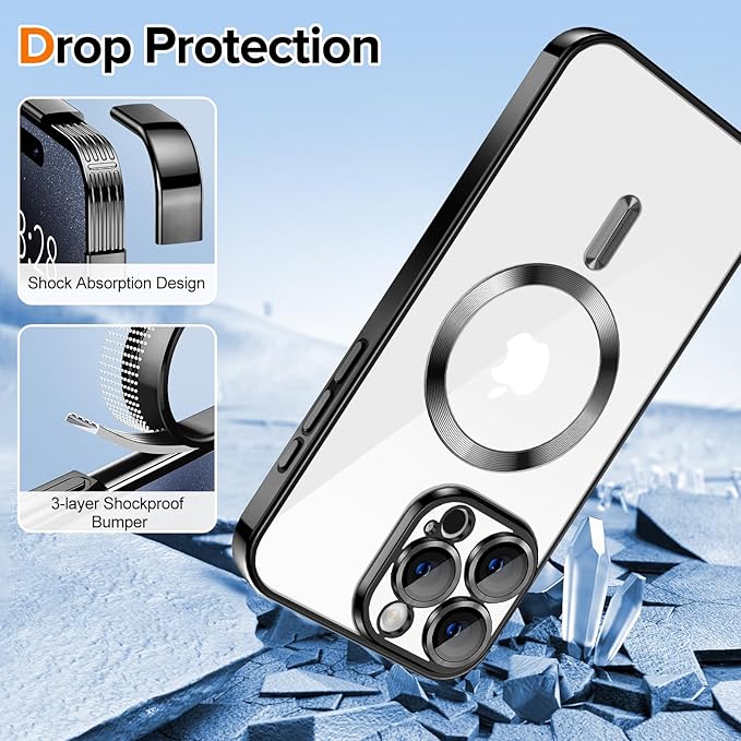 Hython Magnetic Clear for iPhone 15 Pro Case with Camera Lens Protector [Compatible with MagSafe] Luxury Plating Edge Slim Soft TPU Cover Protective Phone Case for iPhone 15 Pro 6.1", Black
