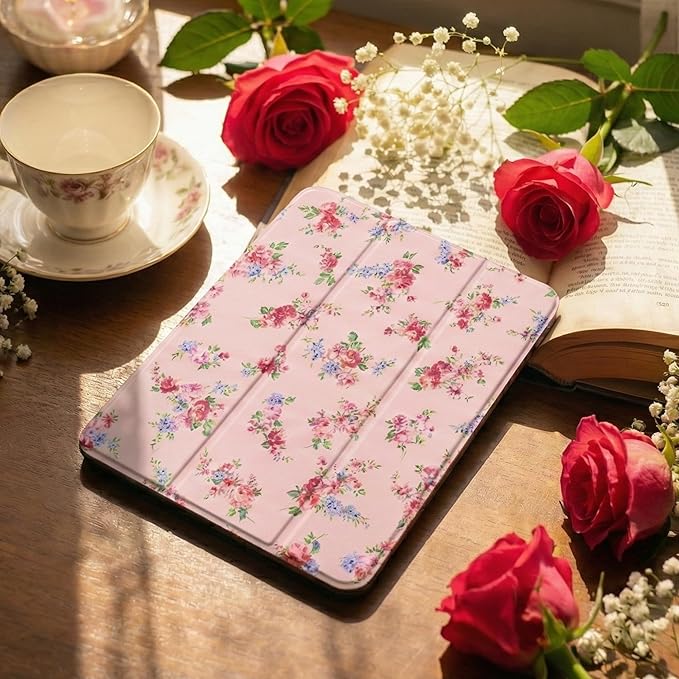 Case for iPad Pro 13 inch (M5) 2025 (M4) 2024 Release Slim Lightweight Cute Light Pink Cover with Clear Back TPU Edge Pencil Holder Trifold Stand, Elegant Rose