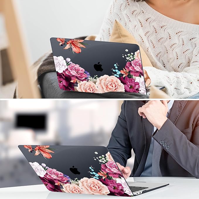 TWOLSKOO Matte Hard Shell Case Keyboard Cover Screen Protector Trackpad Protector for MacBook Air 13 inch Retina 2021 2020 2019 2018 Release Model: A2337 M1/A2179/A1932, Black Peony