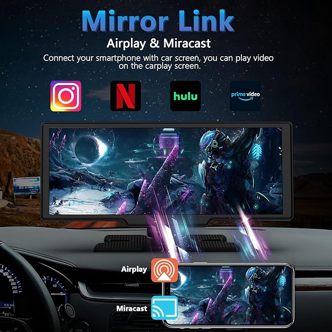 Portable Wireless Carplay Screen with Dashcam - Lehwey 10.26 Inch Car Play Tablet with 4K Front Dash Cam & 1080P Rearview Backup Camera, Bluetooth 5.0, FM, Voice Assistant, with 64GB TF Card
