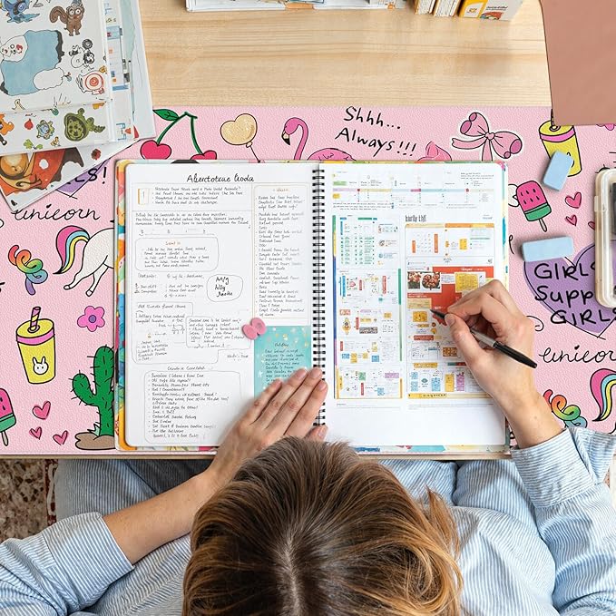HAOCOO Kawaii Large Desk Mat for Girls, 35.4"x15.7" PU Leather Computer Pad, Waterproof Desk Protector Writing Pad, Cute Office Accessories for Women,Stitched Edges Keyboard Mat for Home