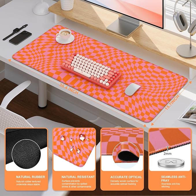 iCasso XXL Large Mouse Pad for Desk, Anti-Slip Big Mousepad with Stitched Edges, Keyboard Pad Mouse Mat for Computer (Orange Checkered)