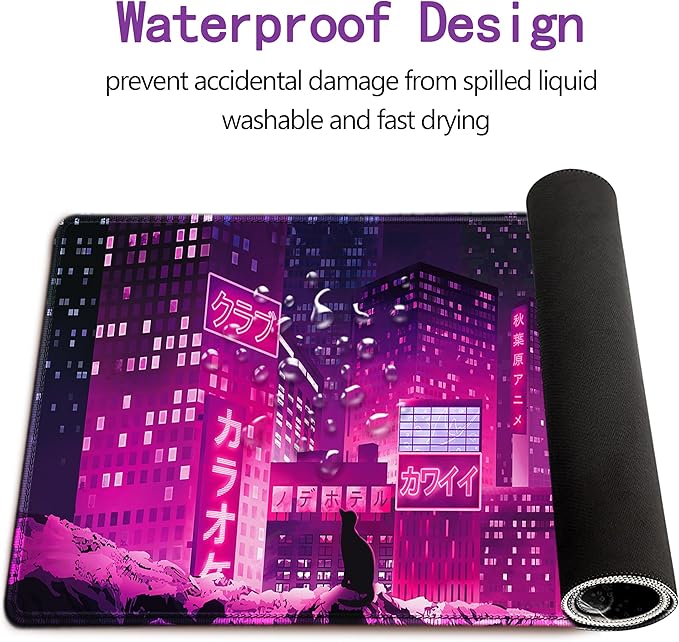 Gaming Laptop Mouse Pad,Sea Wave Big Mice Pads PC Keyboard Waterproof and Non-Slip 31.5" x 11.9" 0.12" Thick XL,XXL Rubber Table Mat, Purple Cyberpunk City Night View