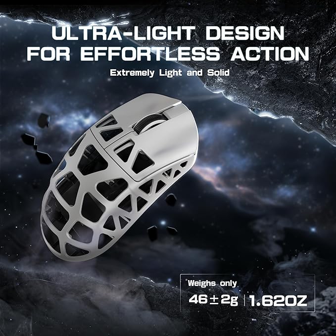 FELICON x Attack Shark R3 Magnesium Alloy Wireless Gaming Mouse, 46g Ultra-Lightweight Skeletal Shell, PAW3395 26K DPI, 8K Polling, Tri-Mode 2.4G/BT/Wired, for PC Mac Laptop - White