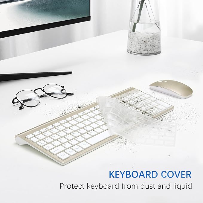 Wireless Keyboard and Mouse Ultra Slim Combo, TopMate 2.4G Silent Compact USB 2400DPI Mouse and Scissor Switch Keyboard Set with Cover, Batteries Included, for PC/Laptop/Windows/Mac - Gold White